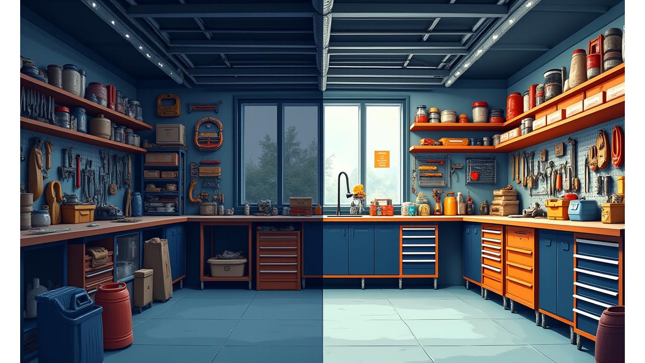 Dramatic before and after view of a garage transformed from cluttered to perfectly organized with modular storage systems.