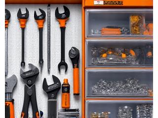 Garage wall with organized tools on pegboards and tool chests