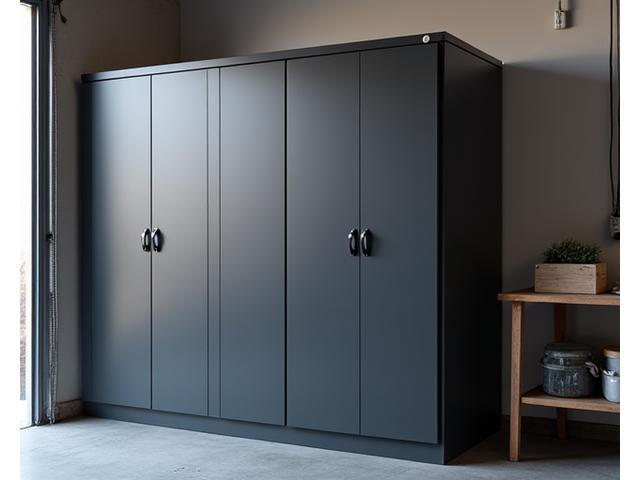 Weatherproof garage storage cabinet with door closed, protecting contents from elements