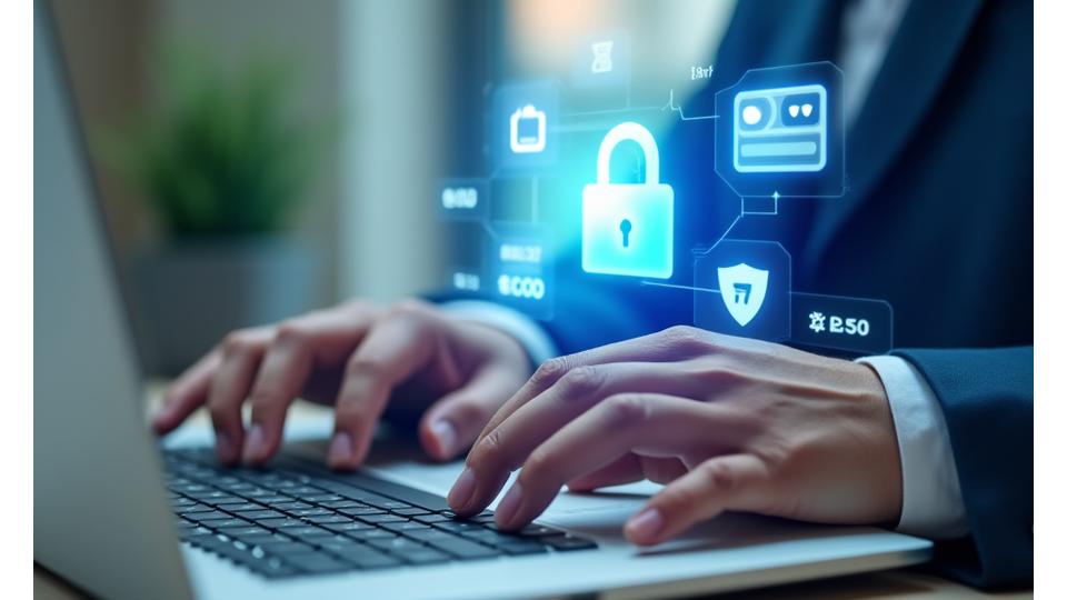 Secure online payment icons and a lock symbol over a blurred image of hands typing on a keyboard